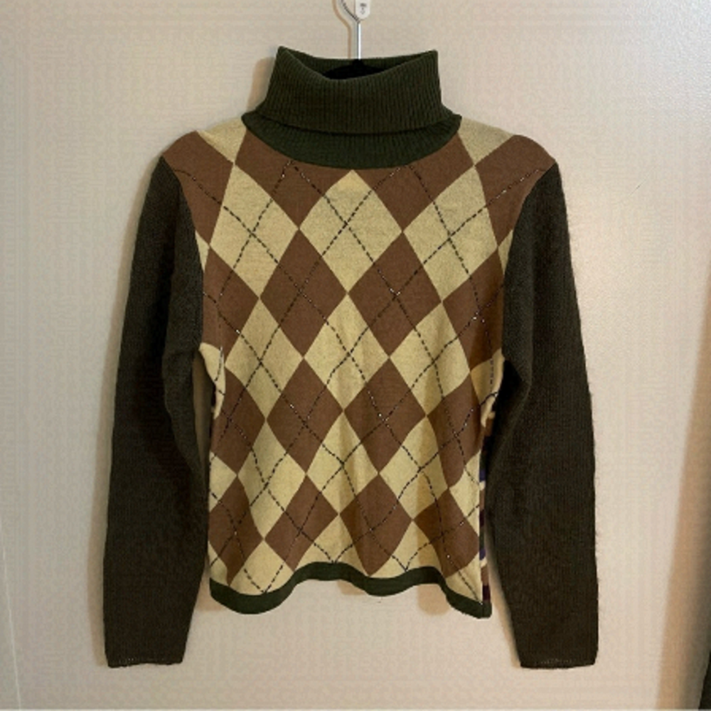𝅺🎀 Rino Rossi Vintage Lambswool Beaded Argyle Turtleneck Knit Sweater Size M